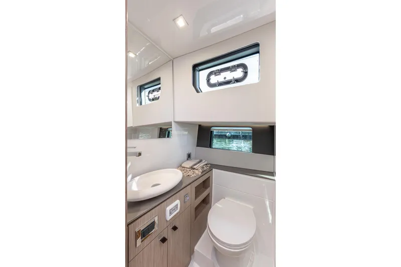 Slide: The Image of Luxurious bathroom interior of 2026 Fjord 41 XP yacht with modern fixtures. - 29