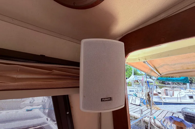 Slide: The Image of Speaker installed on 1985 Lancer Yachts 40 Motorsailer, docked at marina. - 26