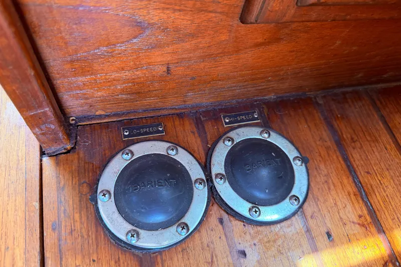 Slide: The Image of Barient winch controls on 1985 Lancer Yachts 40 Motorsailer wooden deck. - 44