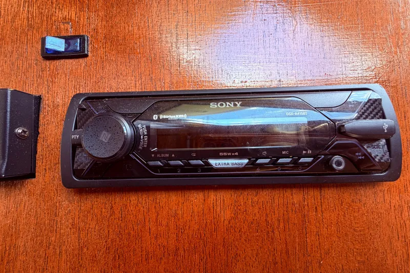 Slide: The Image of Sony stereo system on 1985 Lancer Yachts 40 Motorsailer wooden interior. - 47
