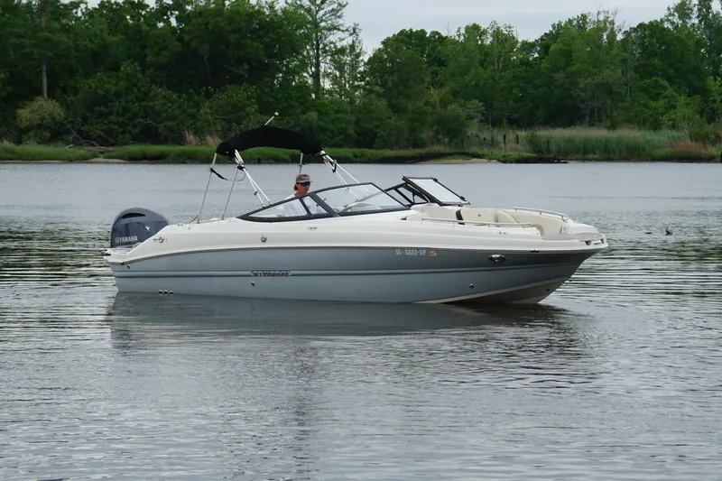 The Image of 2021 Stingray 231 DC boat cruising on a calm lake with lush green shoreline. - 0