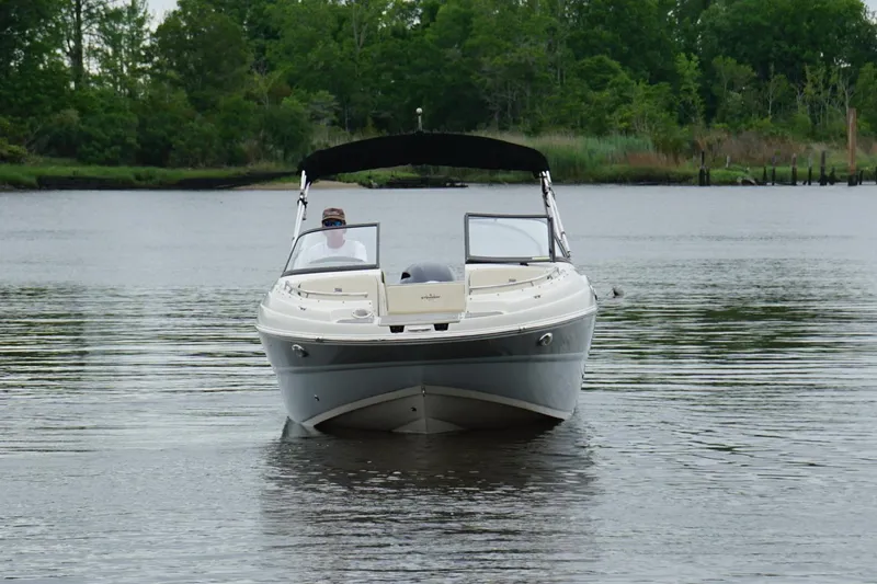 Slide: The Image of 2021 Stingray 231 DC boat on calm water with lush green background. - 2