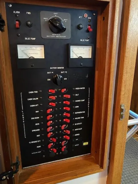 Slide: The Image of Electrical control panel on a 1972 DeFever 38 Passagemaker boat. - 34