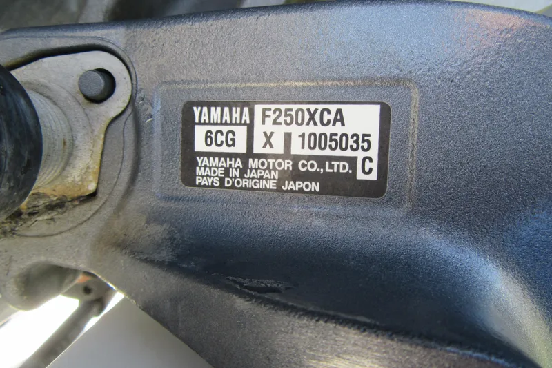 Slide: The Image of Label on Yamaha F250XCA engine, made in Japan, attached to Parker 2320 SL Sport Cabin. - 5