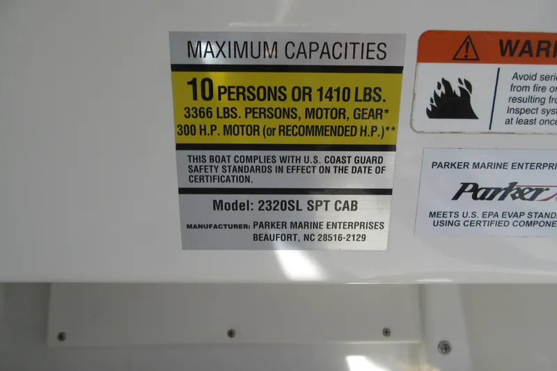 Slide: The Image of Capacity label for 2013 Parker 2320 SL Sport Cabin, 10 persons or 1410 lbs. - 51