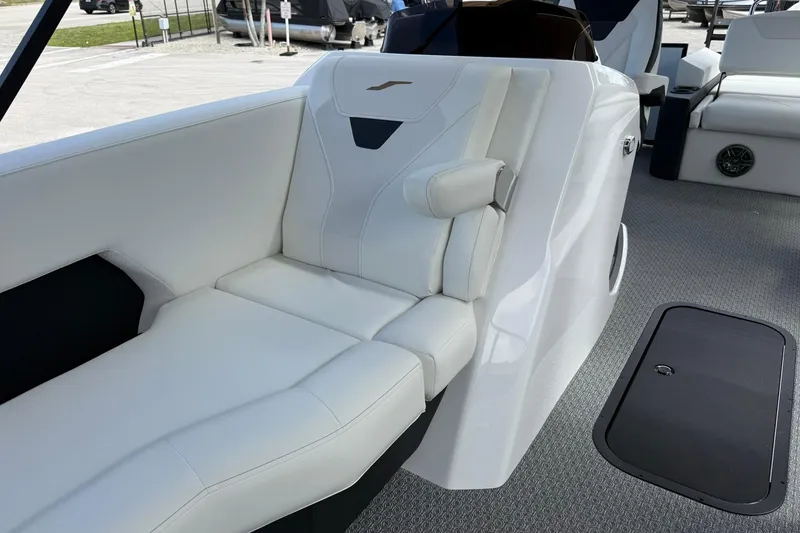 Slide: The Image of Luxurious seating on 2026 Evotti 523CS boat, featuring sleek white upholstery and modern design. - 17
