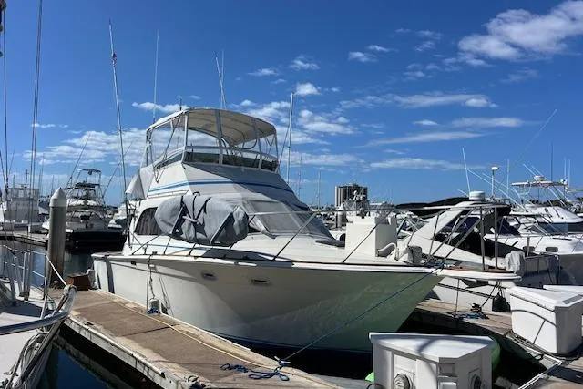 Slide: The Image of 1985 Egg Harbor 33 Convertible yacht docked at marina under clear blue sky. - 7
