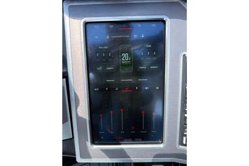 Slide: The Image of Touchscreen control panel of 2022 MasterCraft XT24 boat displaying ballast and tab settings. - 14