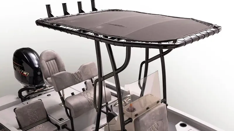 Slide: The Image of G3 Bay 19 GX 2026 boat with canopy and motor. - 7