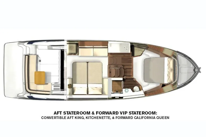 Slide: The Image of Manufacturer Provided Image: 2019 Regal 42 Grande Coupe yacht layout with aft stateroom, kitchenette, and forward VIP stateroom. - 63