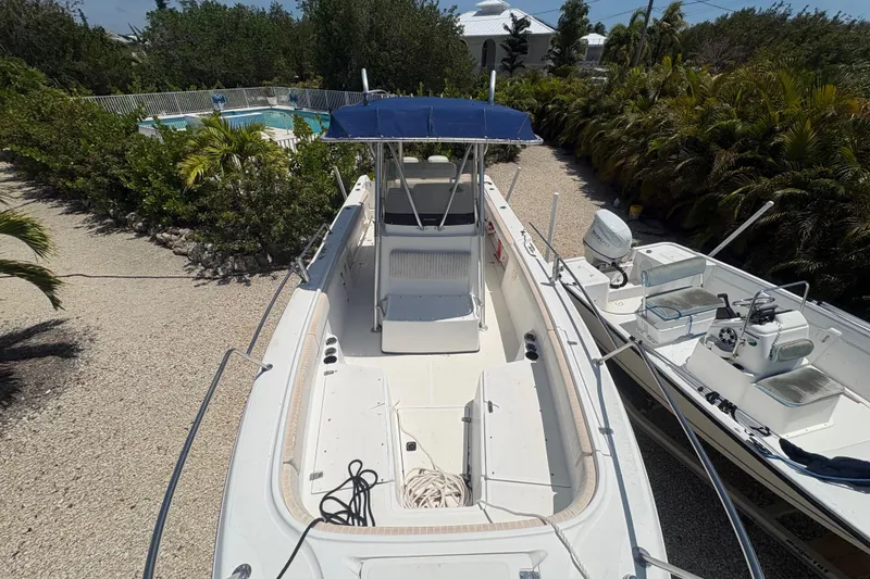 Slide: The Image of 1999 Boston Whaler 260 Outrage boat with blue canopy, parked near lush greenery. - 11