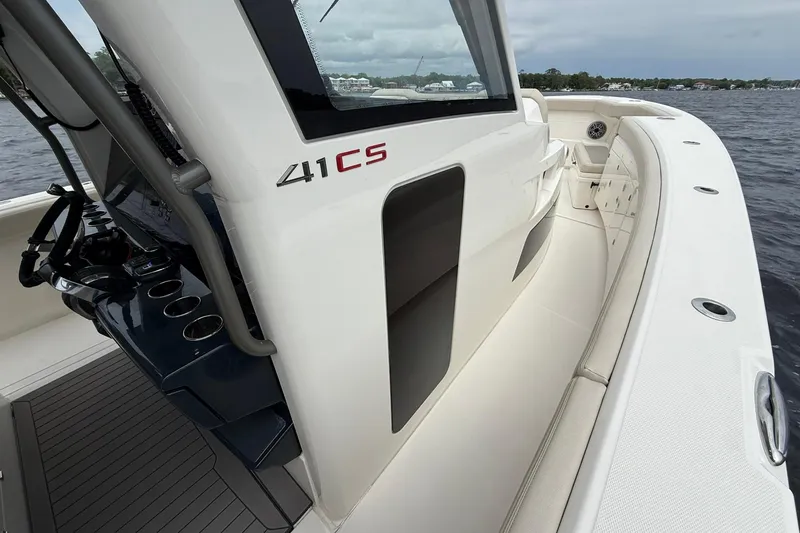Slide: The Image of 2022 Solace 41CS boat deck with sleek design and modern features. - 22