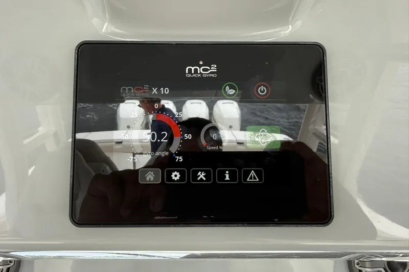 Slide: The Image of Touchscreen display on 2022 Solace 41CS boat showing gyro angle and speed settings. - 28
