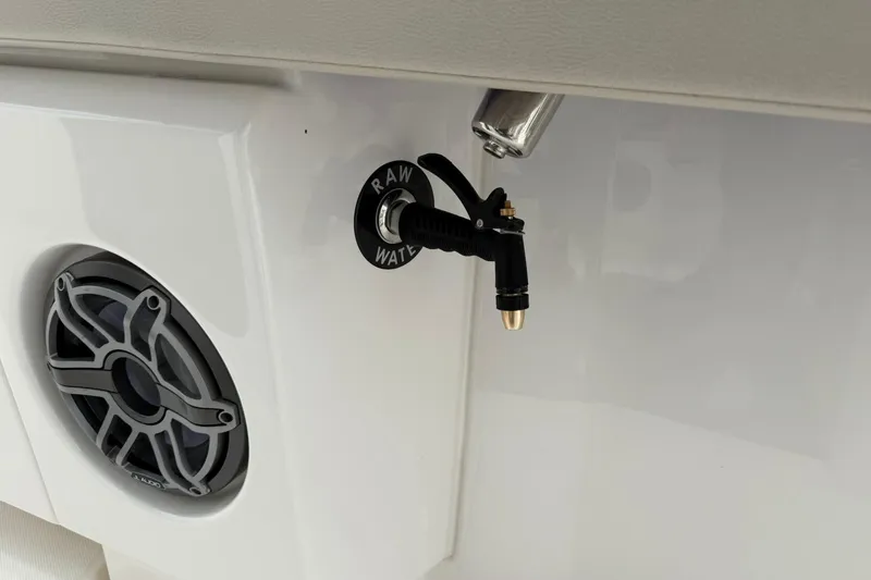 Slide: The Image of 2022 Solace 41CS boat featuring raw water outlet and speaker detail. - 47