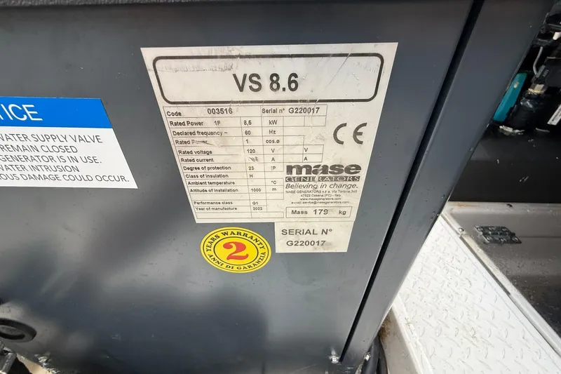 Slide: The Image of Label on Mase Generators VS 8.6, Solace 41CS 2022 model, with warranty sticker. - 58