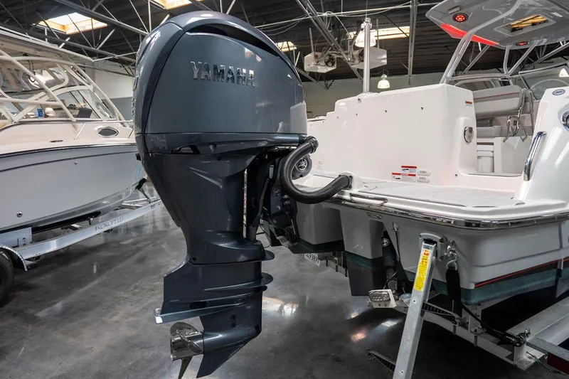 Slide: The Image of 2024 Solara S250 Dual Console boat with Yamaha outboard motor in showroom. - 6
