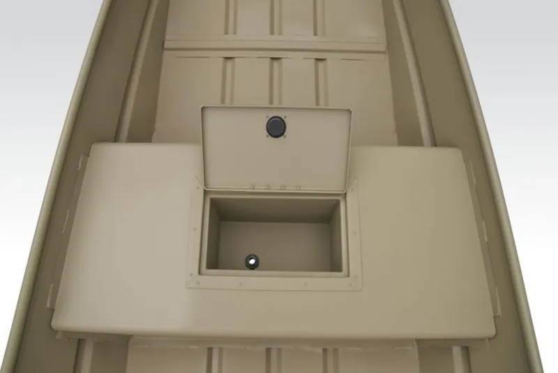 Slide: The Image of 2026 Tracker Grizzly 15 Jon boat interior with storage compartment, beige finish. - 3
