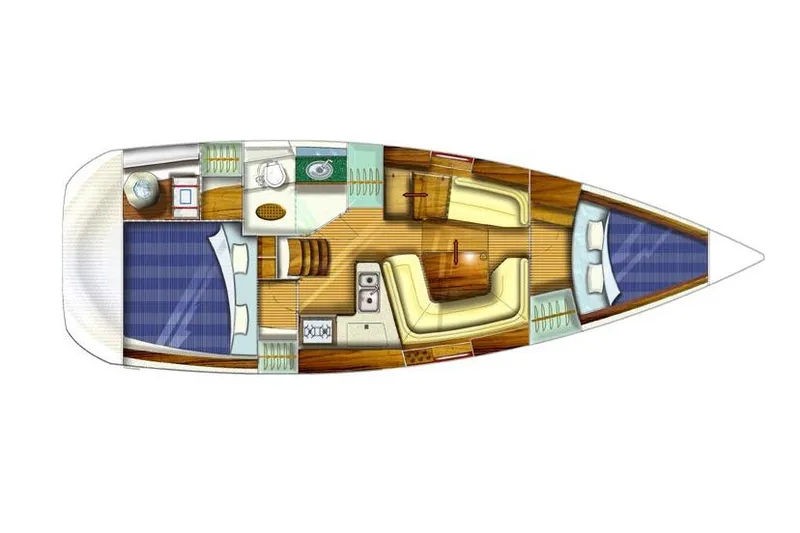 Slide: The Image of Floor plan of a 2003 Jeanneau Sun Odyssey 35 sailboat, featuring cabins and living area. - 9