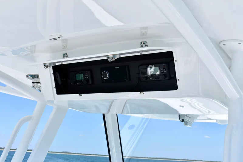 Slide: The Image of 2022 Onslow Bay 41 Tournament boat console with electronic controls and ocean view. - 4