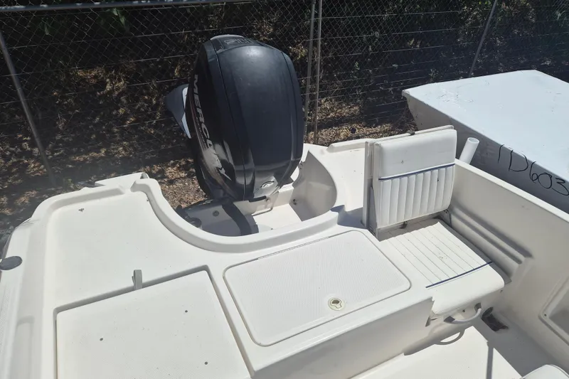 Slide: The Image of 2017 Bayliner Element F18 boat interior with Mercury outboard motor and seating. - 4