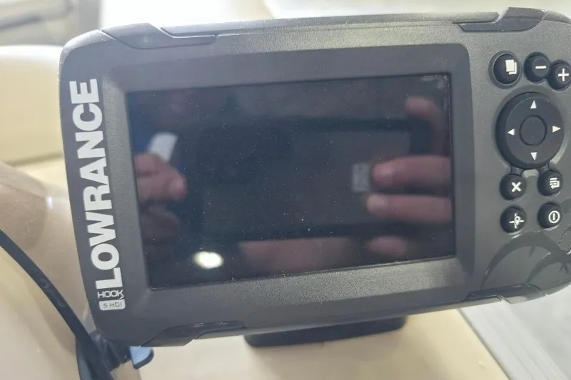 Slide: The Image of Lowrance Hook 5 HDI fish finder on 2018 Manitou 22 Aurora LE Angler boat. - 15