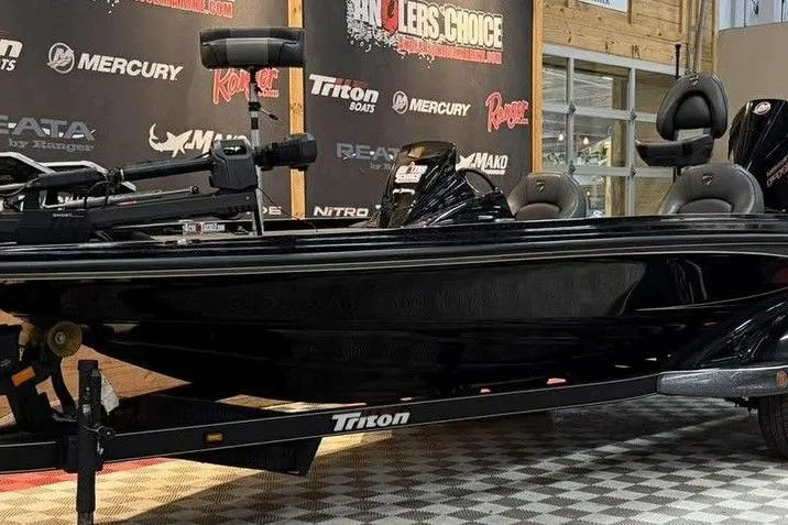 Slide: The Image of 2025 Triton 20XP Patriot boat displayed indoors on a checkered floor. - 9