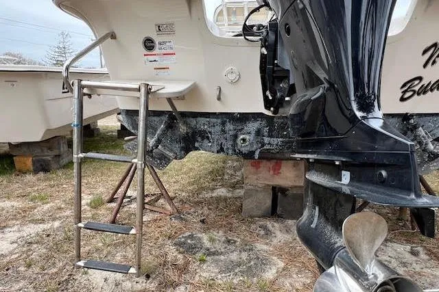 Slide: The Image of 2020 Carolina Skiff 25 LS boat with ladder and outboard motor on dry land. - 19