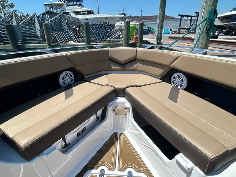 Slide: The Image of Luxurious seating area on Monterey Elite 30 OB boat, 2025 model. - 36