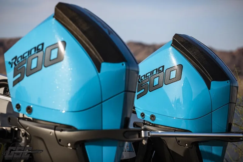 Slide: The Image of Blue Racing 500 outboard engines on 2025 Interceptor 36 GTC boat. - 15