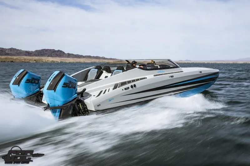 Slide: The Image of 2025 Interceptor 36 GTC speedboat cruising on open water with twin engines. - 35
