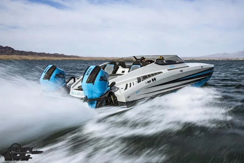 Slide: The Image of 2025 Interceptor 36 GTC speedboat cruising on open water with twin engines. - 38