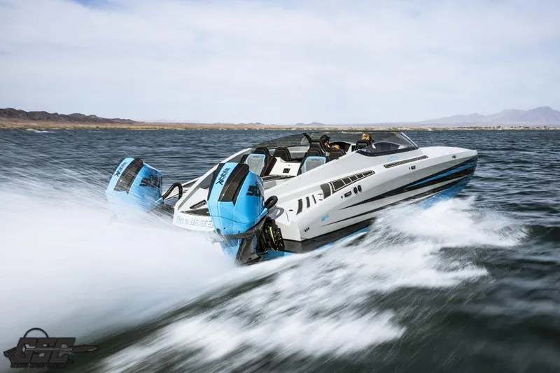 Slide: The Image of 2025 Interceptor 36 GTC speedboat cruising swiftly on open water. - 39