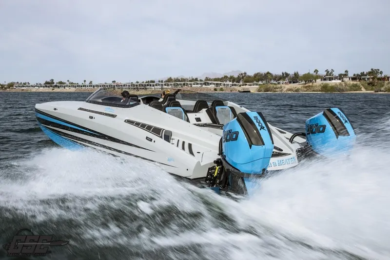 Slide: The Image of 2025 Interceptor 36 GTC speedboat cruising on water with powerful twin engines. - 42