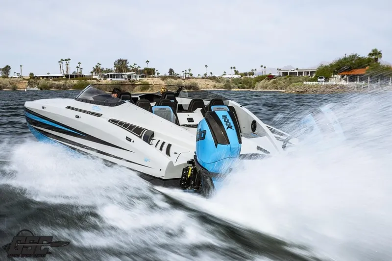 Slide: The Image of 2025 Interceptor 36 GTC speedboat cruising on water with powerful engines and sleek design. - 43