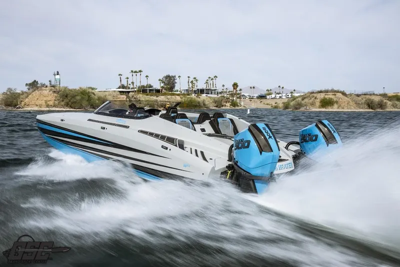 Slide: The Image of 2025 Interceptor 36 GTC speedboat cruising on water with powerful outboard engines. - 44