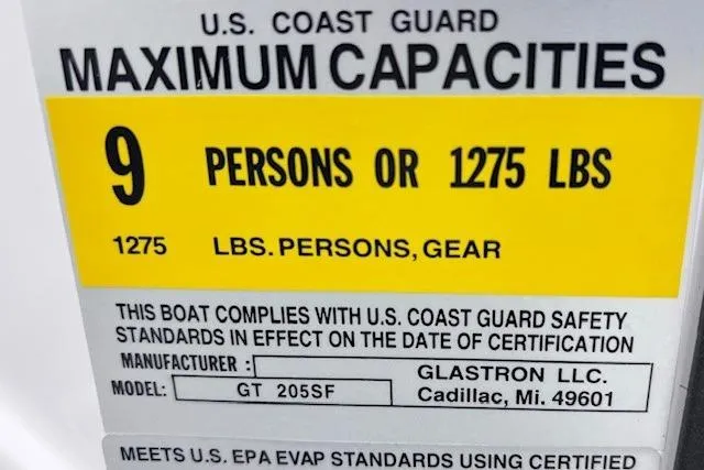 Slide: The Image of 2011 Glastron GT 205 Ski & Fish boat capacity label, 9 persons or 1275 lbs. - 13