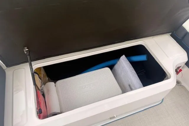 Slide: The Image of Storage compartment of 2022 Regal LS6 Surf boat with various items inside. - 22