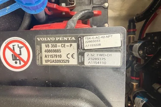 Slide: The Image of Volvo Penta engine label on 2022 Regal LS6 Surf boat, showing specifications and serial numbers. - 25