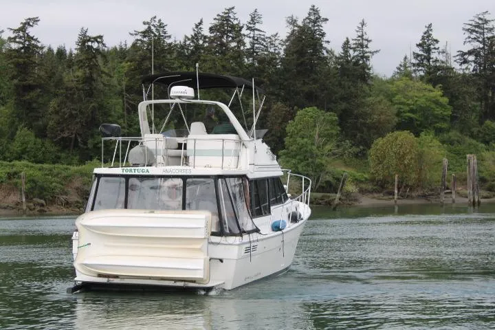 Slide: The Image of 1992 Bayliner 3288 Motoryacht cruising on a serene river with lush forest backdrop. - 5