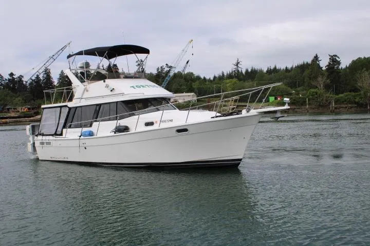 Slide: The Image of 1992 Bayliner 3288 Motoryacht cruising on a calm river with forested shoreline. - 8