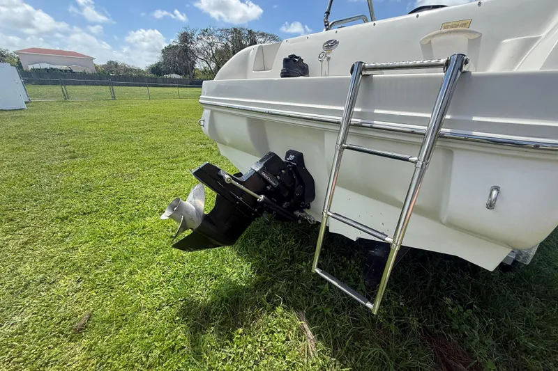 Slide: The Image of 2004 Sea Ray 215 Weekender boat rear view with ladder and propeller on grass. - 17