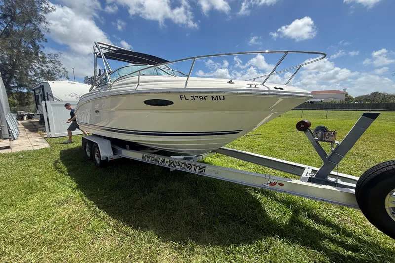 The Image of 2004 Sea Ray 215 Weekender boat on trailer, parked on grass under a blue sky. - 2