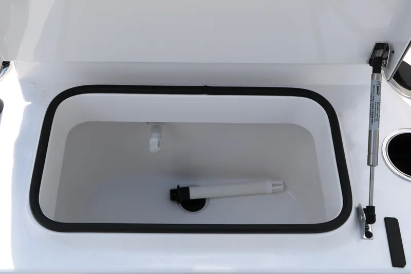 Slide: The Image of Livewell compartment in 2026 Vexus Defender 201 boat, featuring hydraulic lift support. - 24