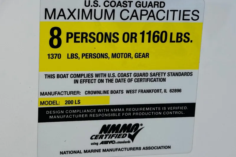 Slide: The Image of 2008 Crownline 200 LS capacity label, U.S. Coast Guard certified for 8 persons or 1160 lbs. - 26