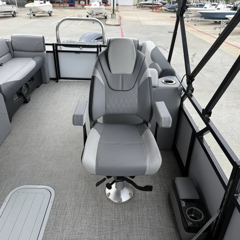 Slide: The Image of Interior of 2025 Avalon Venture 85 Quad Lounge with gray seating. - 26