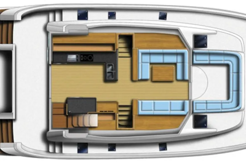 Slide: The Image of Top view layout of 2014 Aquila 48 yacht interior, featuring seating and kitchen areas. - 16