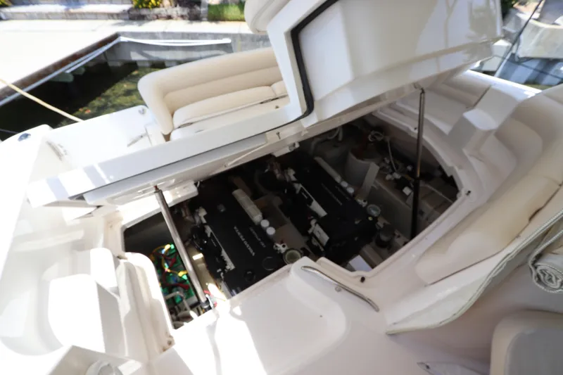 Slide: The Image of Engine compartment of a 2008 Tiara Yachts 4300 Sovran, showcasing mechanical components. - 71