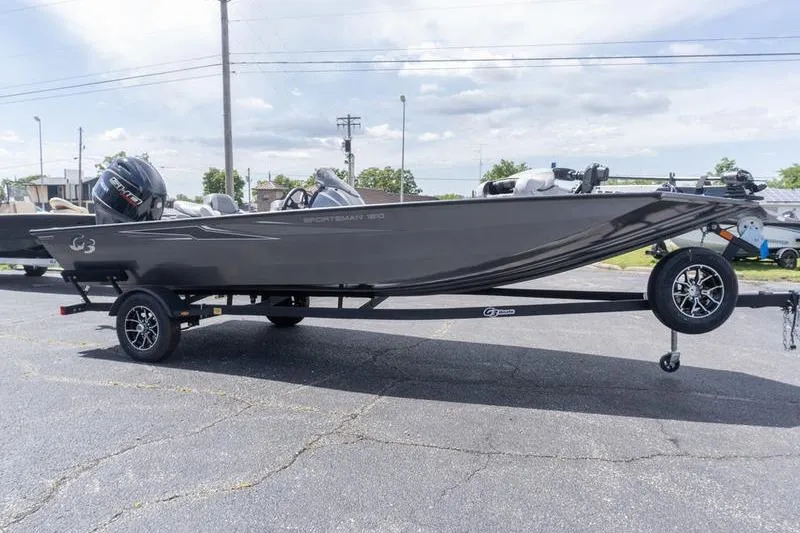 Slide: The Image of 2026 G3 Sportsman 1810 boat on trailer, parked outdoors under a cloudy sky. - 3