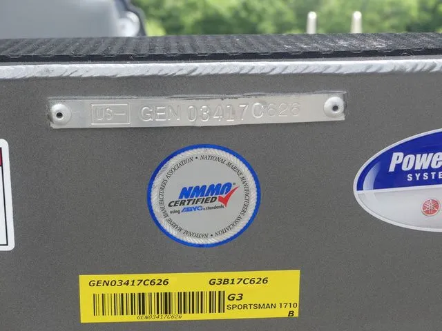 Slide: The Image of G3 Sportsman 1710 boat plate with serial number and certification sticker. - 15