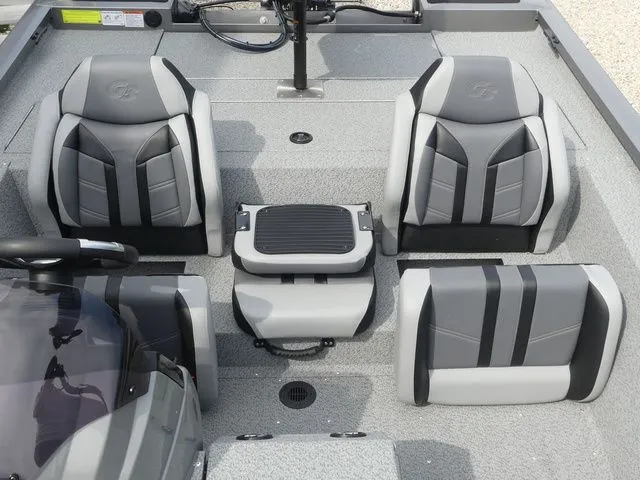 Slide: The Image of Interior of G3 Sportsman 1710 boat, gray seats, model year 2026. - 26
